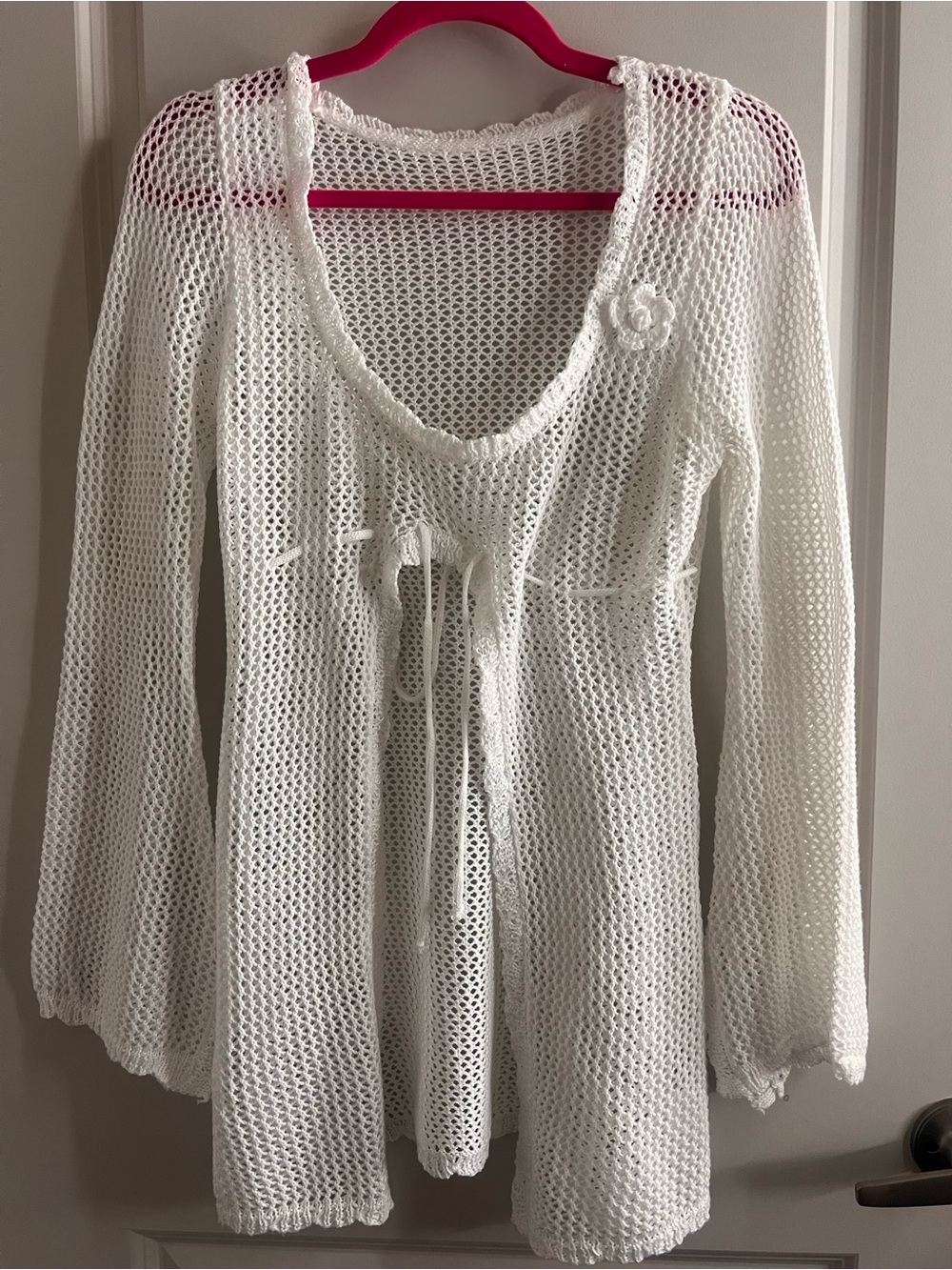 Women's White Crochet Tie-Front Tunic Sweater